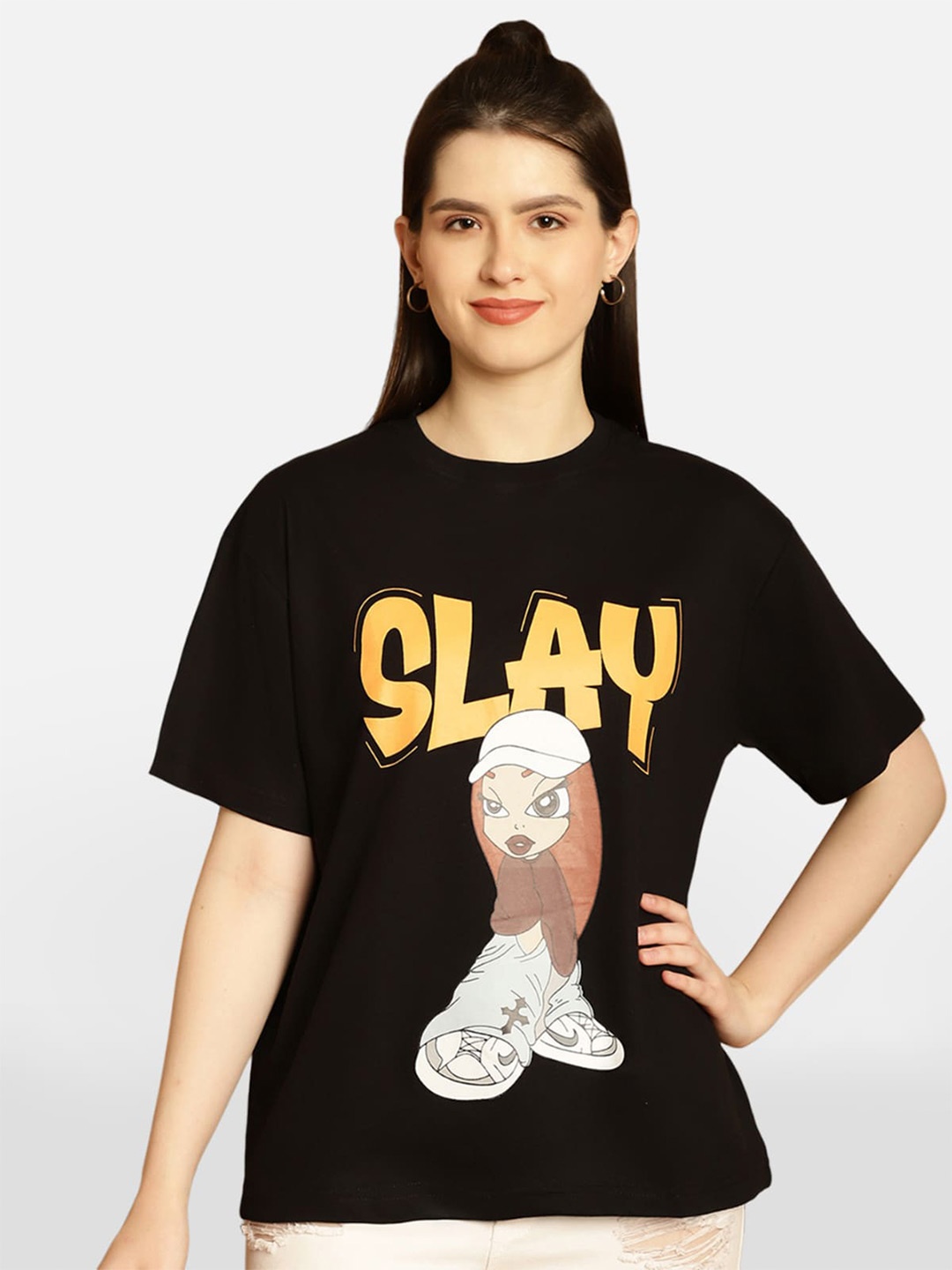 BAESD Typography Printed Oversized Cotton T-shirt, Black