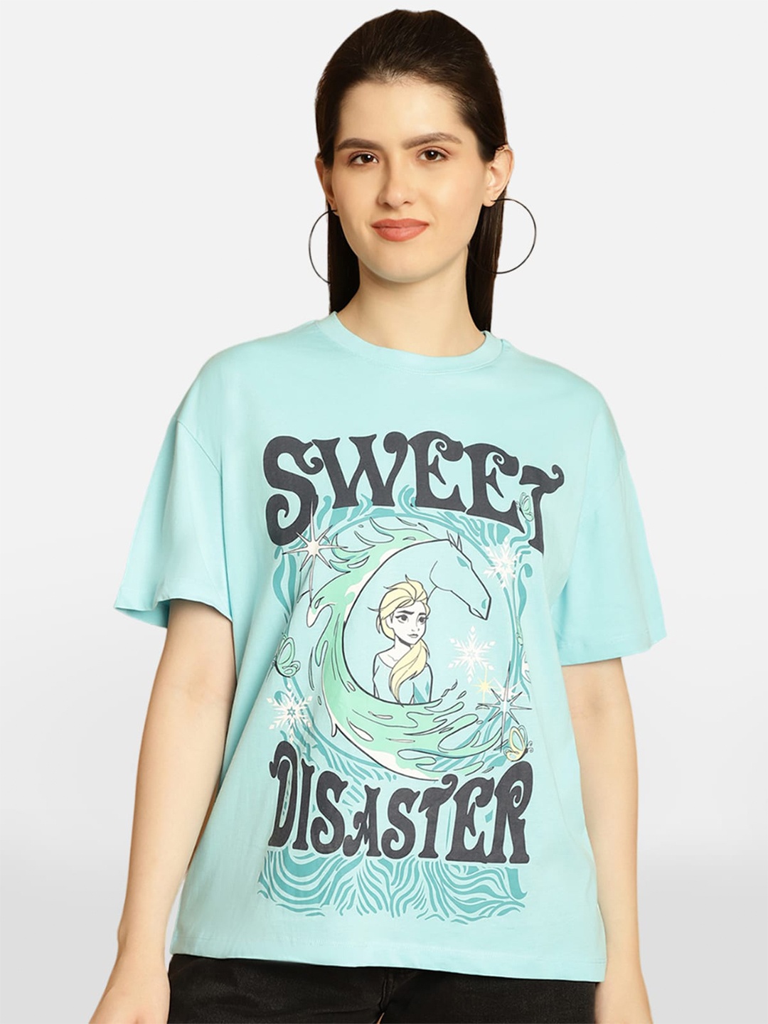 

BAESD Disney Printed Round Neck Cotton Oversized T-shirt, Blue