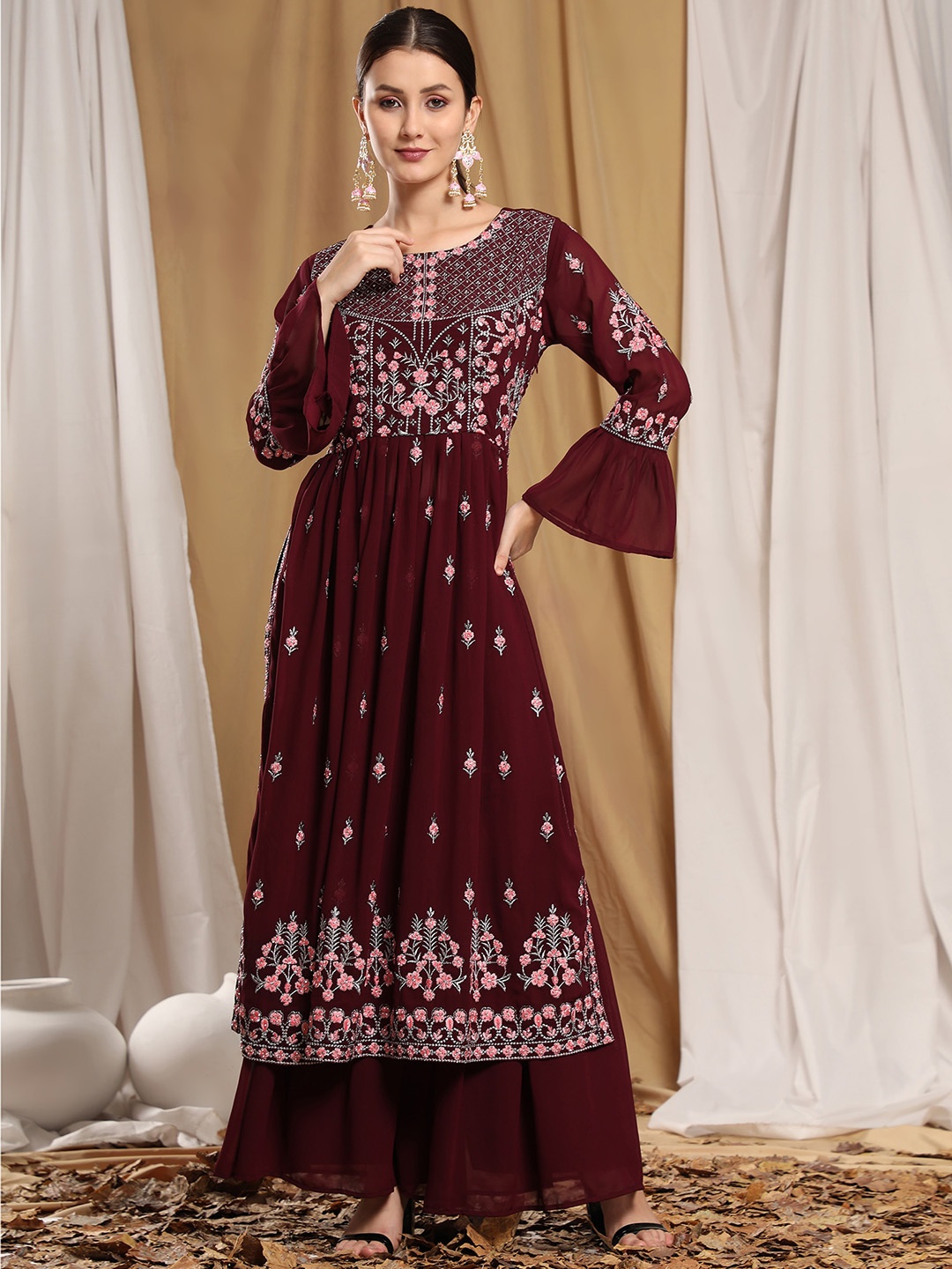 

BLACK SCISSOR Floral Embroidered Thread Work A-line Kurta With Sharara, Burgundy
