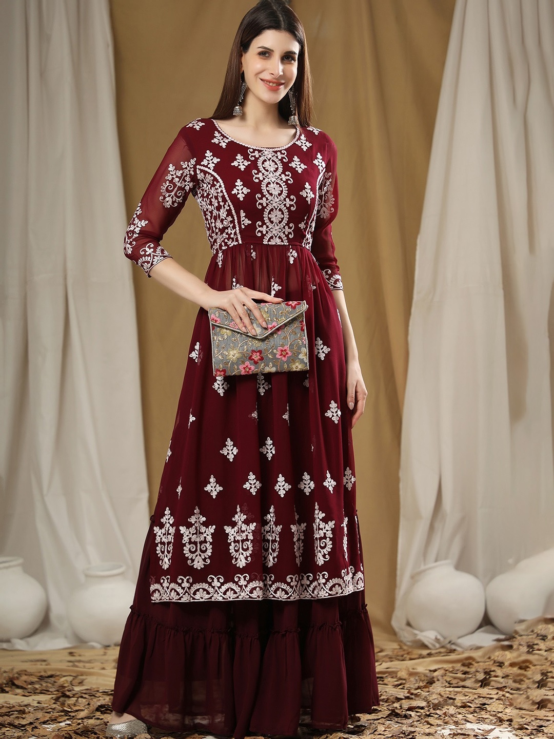 

BLACK SCISSOR Ethnic Motifs Embroidered Regular A-Line Kurta With Sharara, Maroon