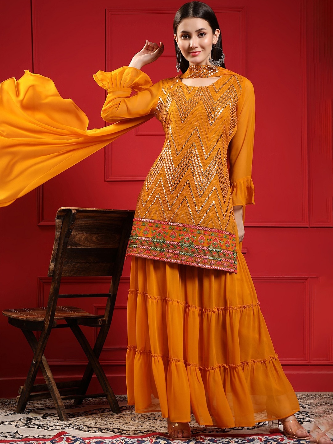 

BLACK SCISSOR Ethnic Motifs Embroidered Georgette Straight Kurta & Sharara With Dupatta, Mustard