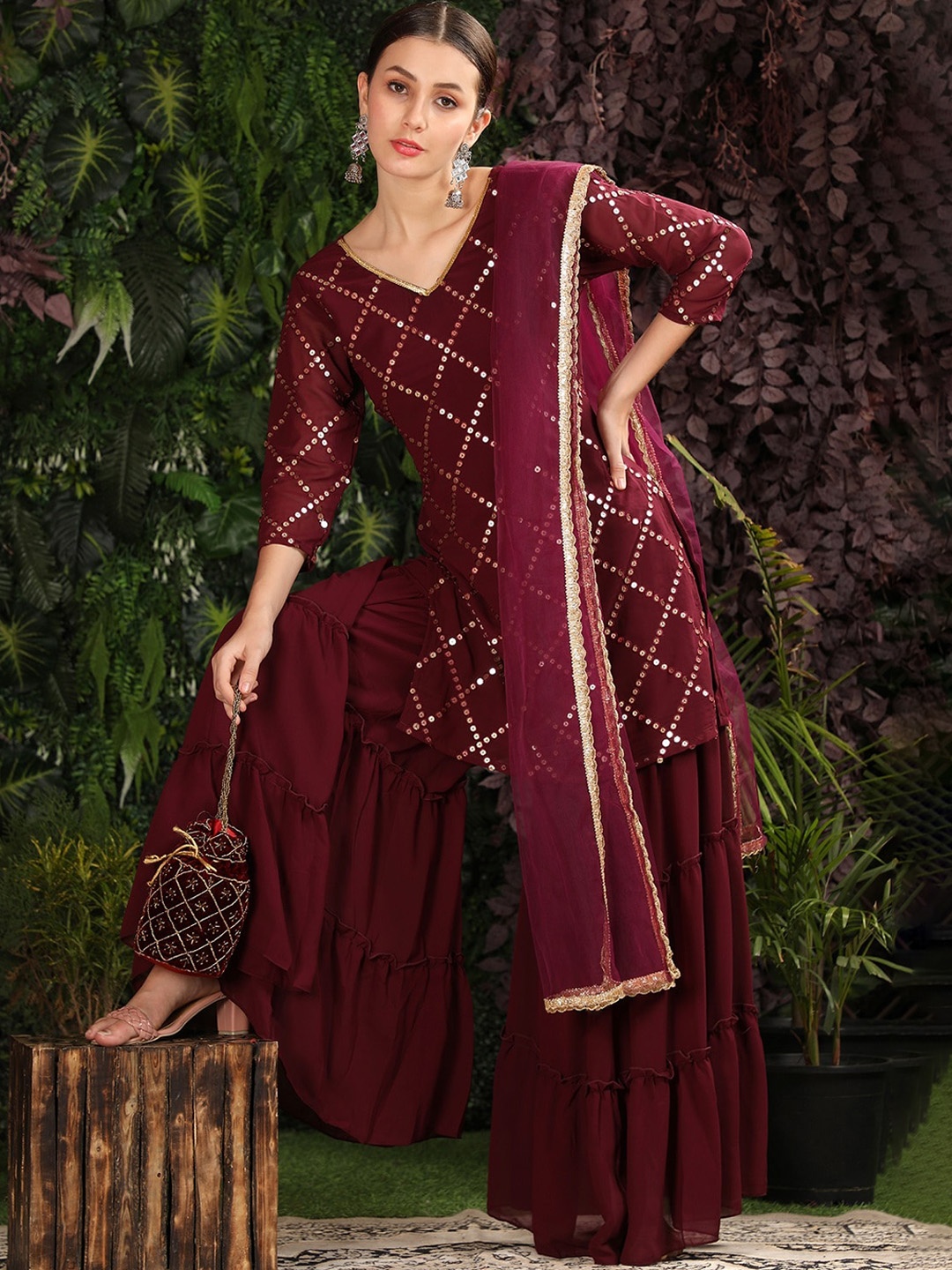 

BLACK SCISSOR Geometric Embroidered V-Neck Sequinned Kurta with Sharara & Dupatta, Burgundy