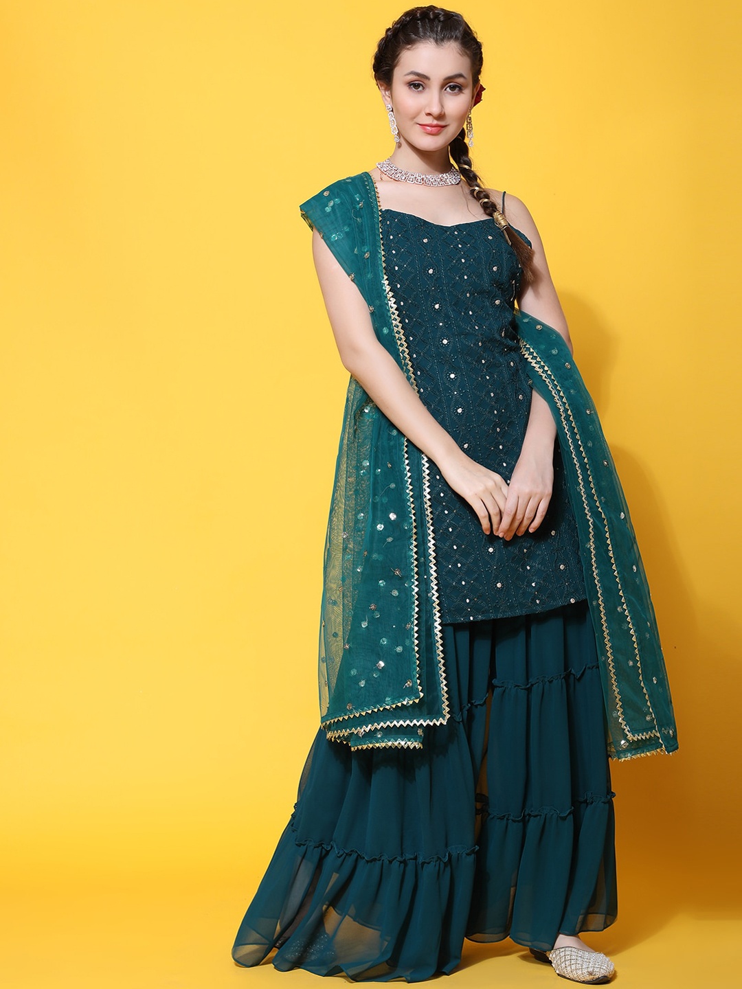 

BLACK SCISSOR Ethnic Motifs Embroidered Straight Sequinned Kurta & Sharara With Dupatta, Green