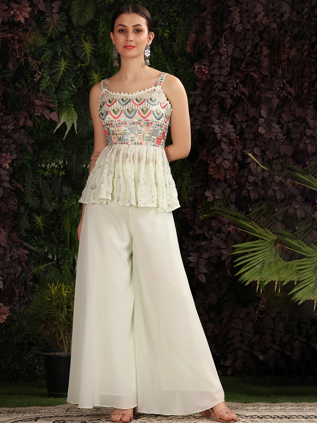 

BLACK SCISSOR Embroidered Sequinned Empire Top With Palazzos & Dupatta, Green