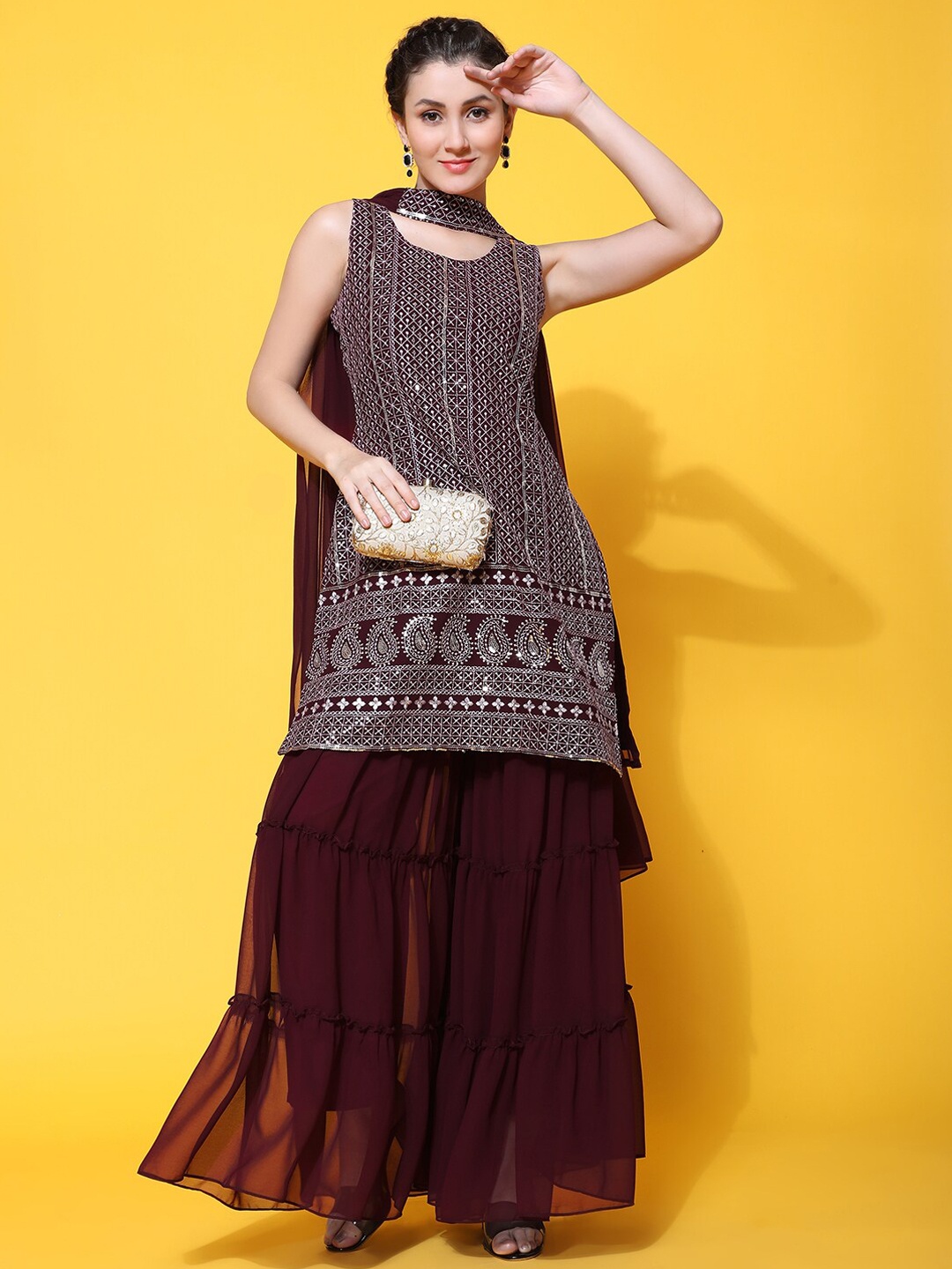 

BLACK SCISSOR Paisley Embroidered Sequinned Kurta & Sharara With Dupatta, Burgundy