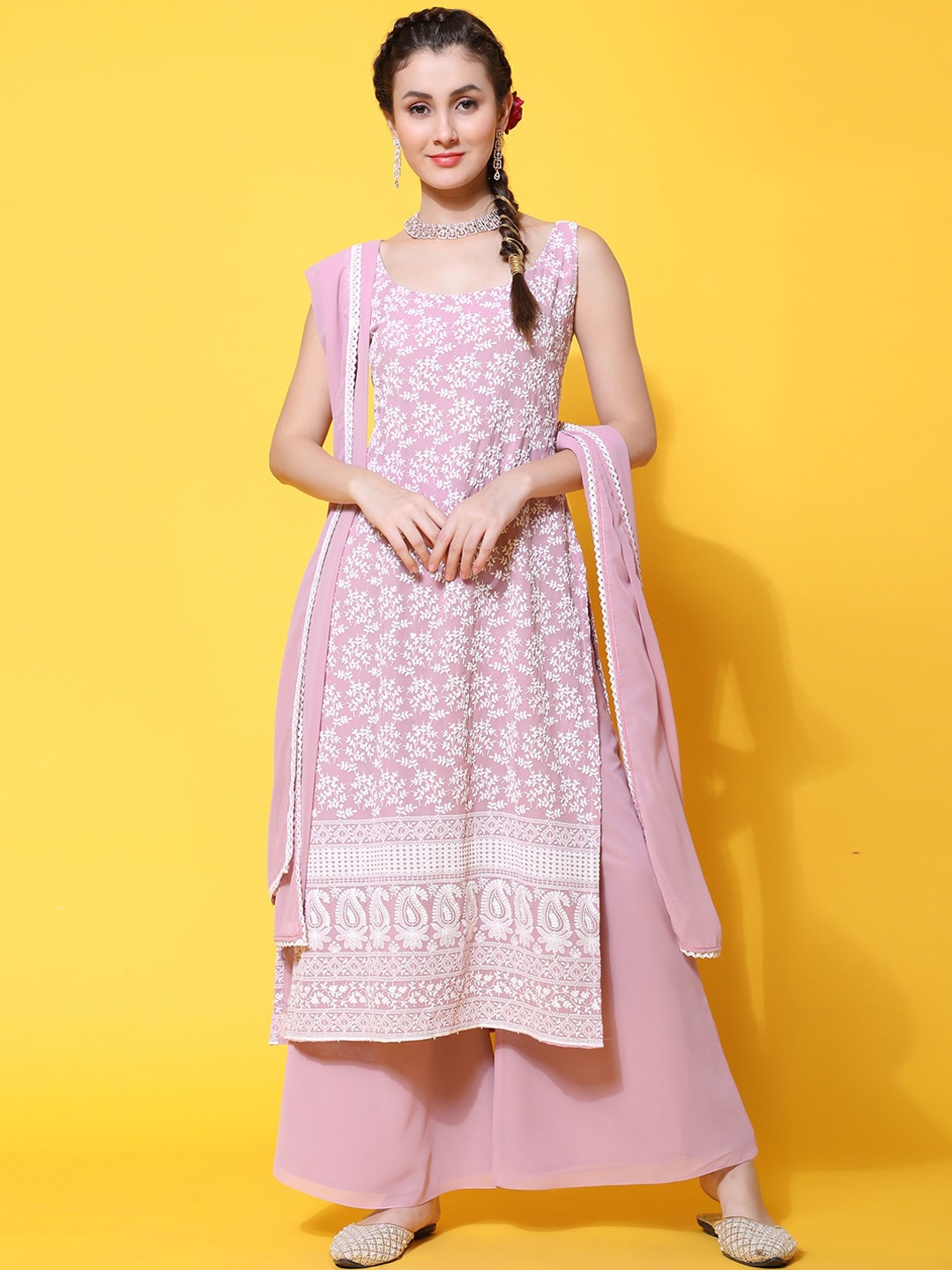 

BLACK SCISSOR Ethnic Motifs Embroidered Chikankari Georgette Kurta With Palazzos & Dupatta, Pink