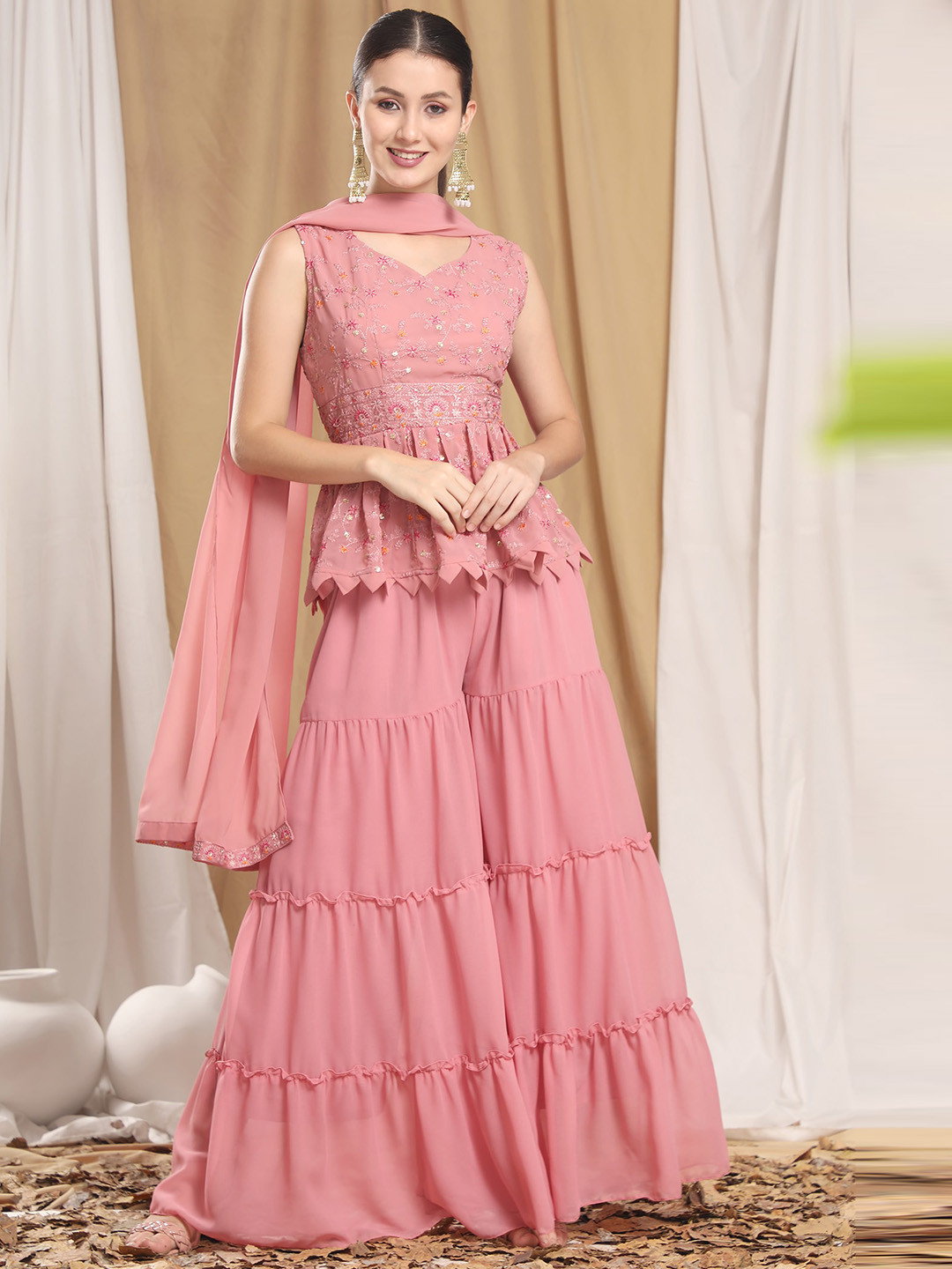 

BLACK SCISSOR Ethnic Motifs Embroidered Regular Thread Work Kurti With Sharara & Dupatta, Pink