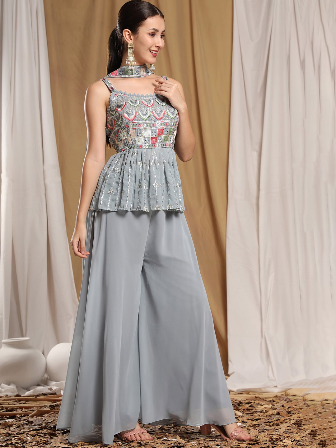 

BLACK SCISSOR Ethnic Motifs Embroidered Regular Thread Work Kurti With Palazzos & Dupatta, Grey