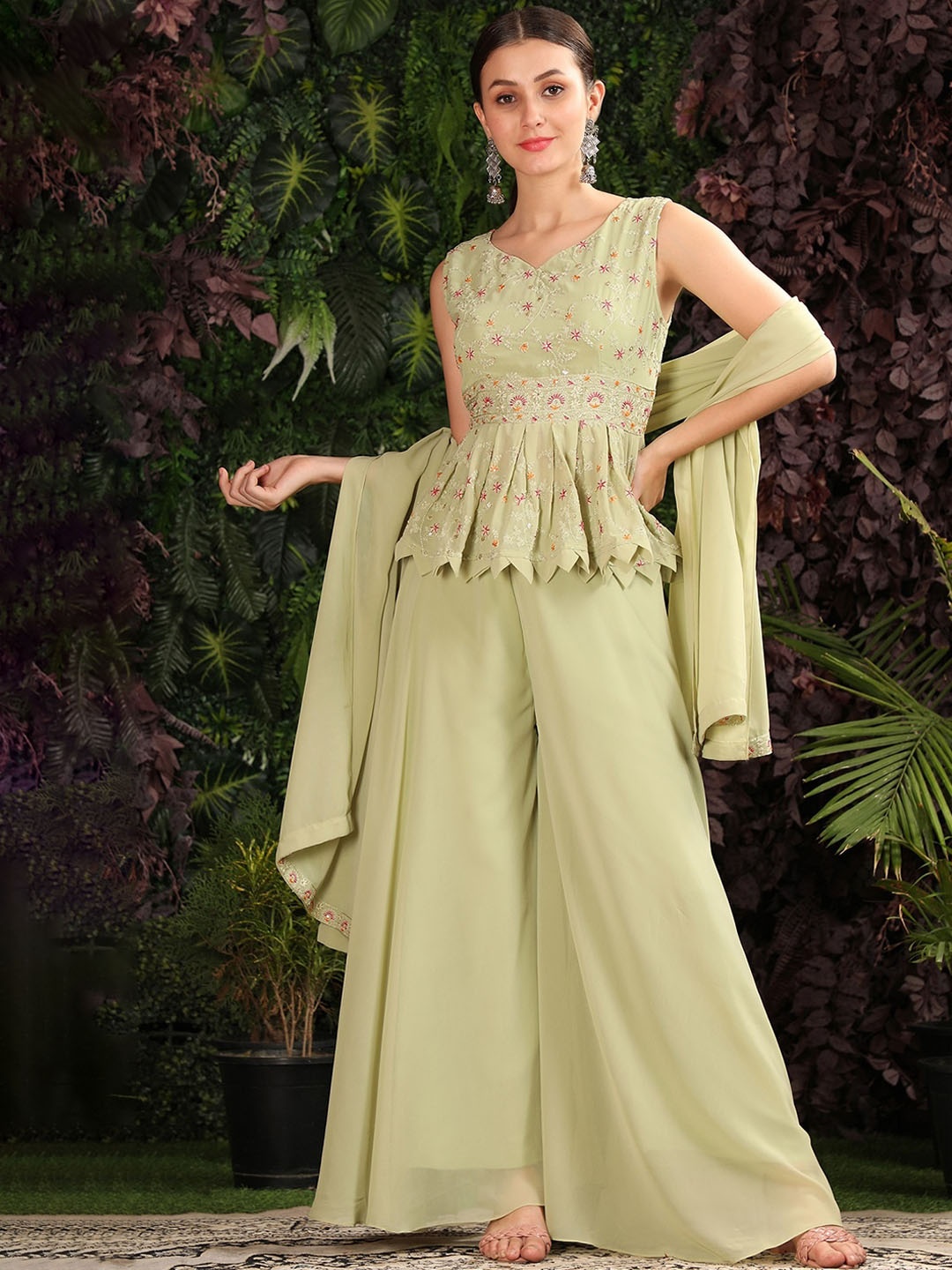 

BLACK SCISSOR Floral Embroidered Sequinned Top With Palazzos & Dupatta, Green