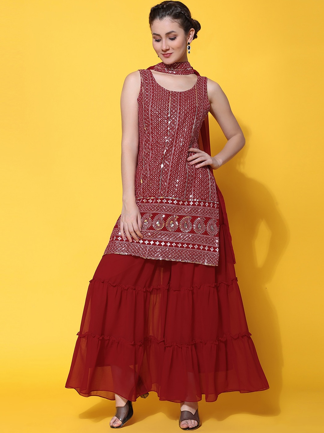 

BLACK SCISSOR Ethnic Motifs Embroidered Sequinned Kurta With Sharara & Dupatta, Maroon