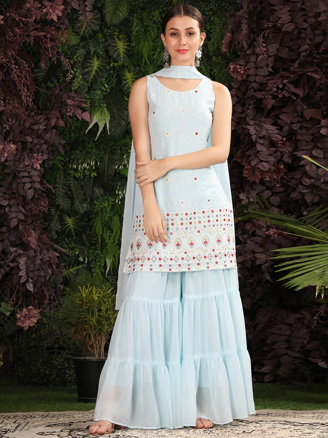 

BLACK SCISSOR Floral Embroidered Sequinned Kurta With Sharara & Dupatta, Turquoise blue