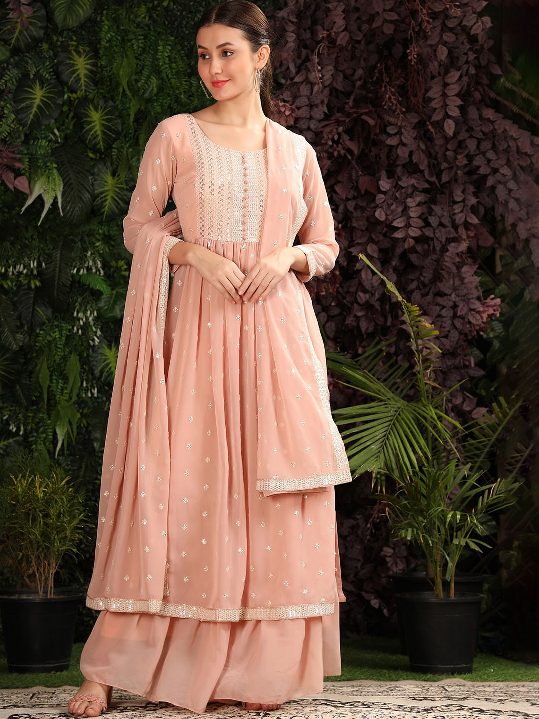 

BLACK SCISSOR Ethnic Motifs Embroidered Regular Thread Work Kurta With Sharara & Dupatta, Peach