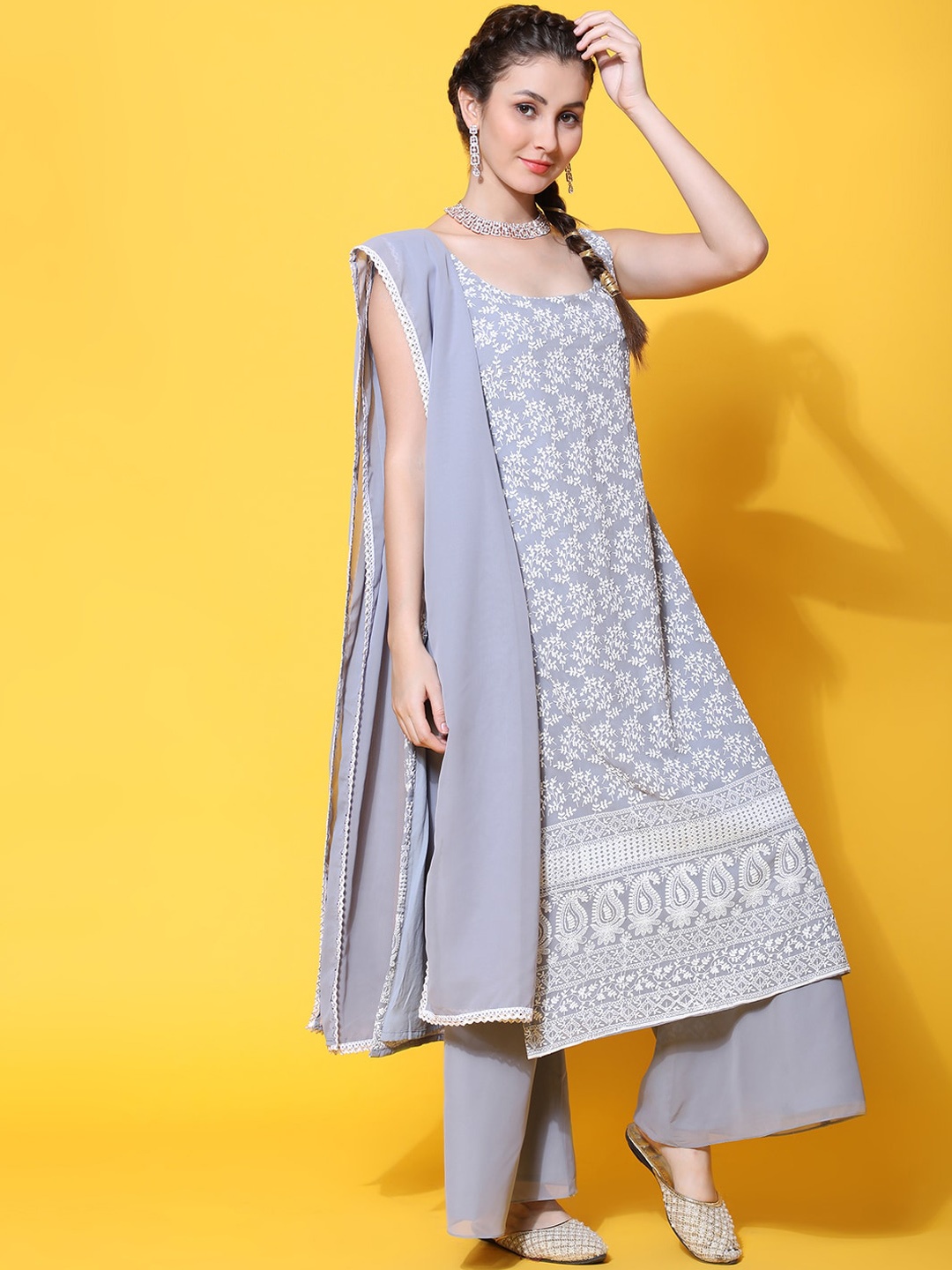 

BLACK SCISSOR Ethnic Motifs Embroidered Straight Thread Work Kurta & Palazzos With Dupatta, Grey