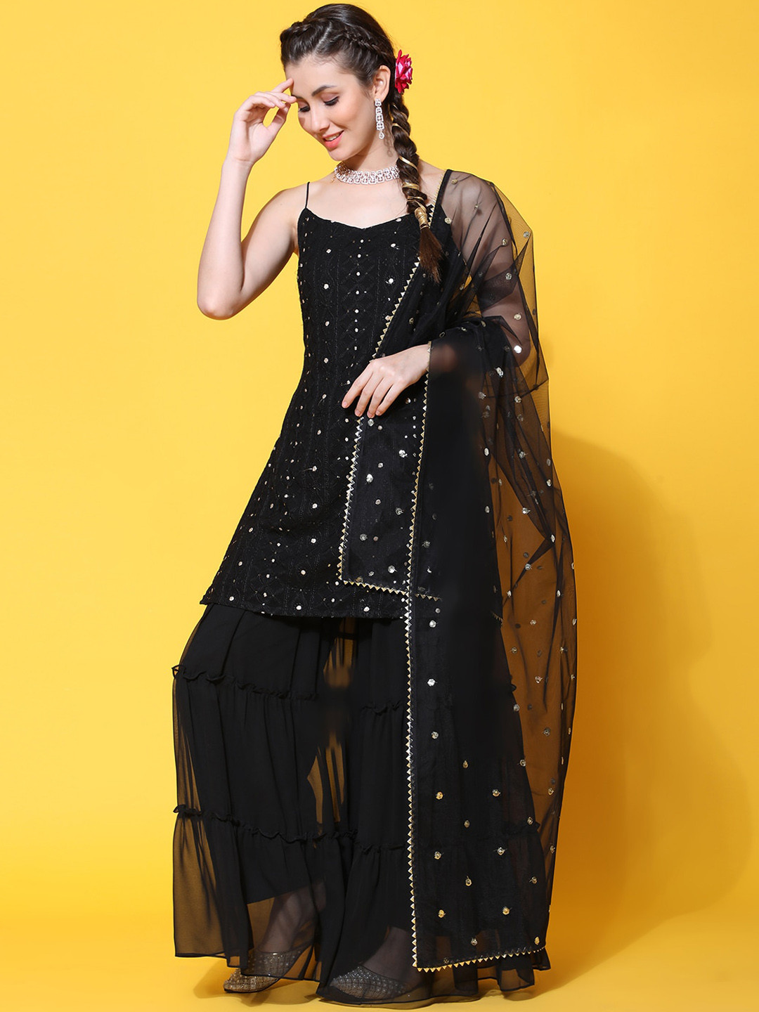 

BLACK SCISSOR Embroidered Regular Beads and Stones Kurta with Sharara & With Dupatta