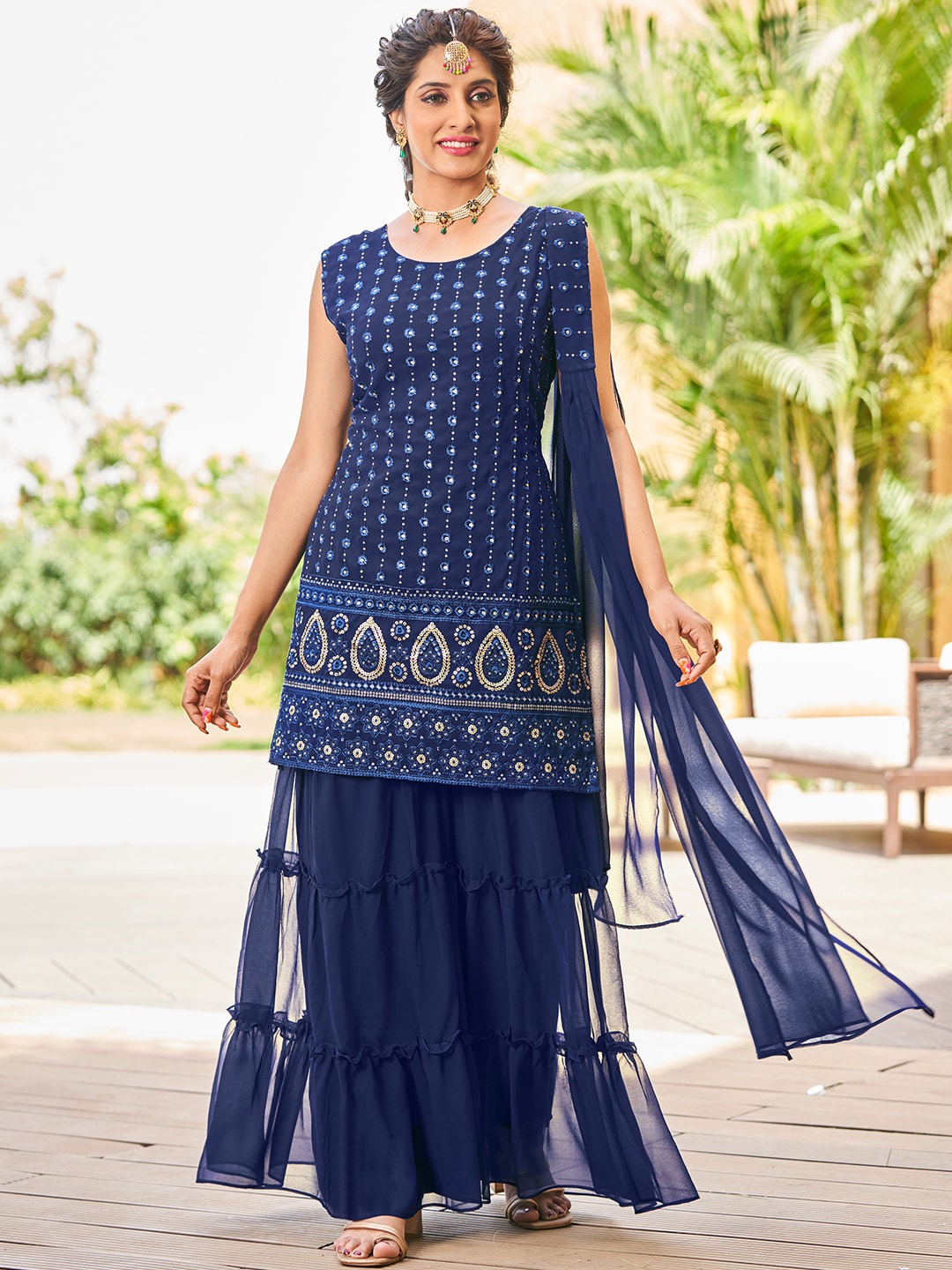 

BLACK SCISSOR Ethnic Motifs Embroidered Straight Thread Work Kurta & Sharara With Dupatta, Navy blue
