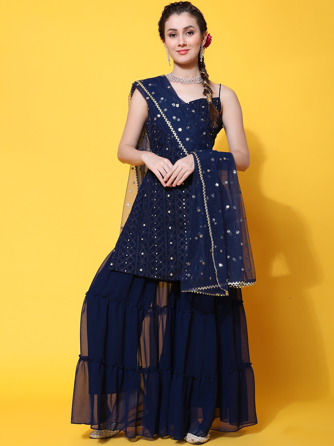 

BLACK SCISSOR Ethnic Motifs Embroidered Beads and Stones Kurta With Sharara & Dupatta, Navy blue