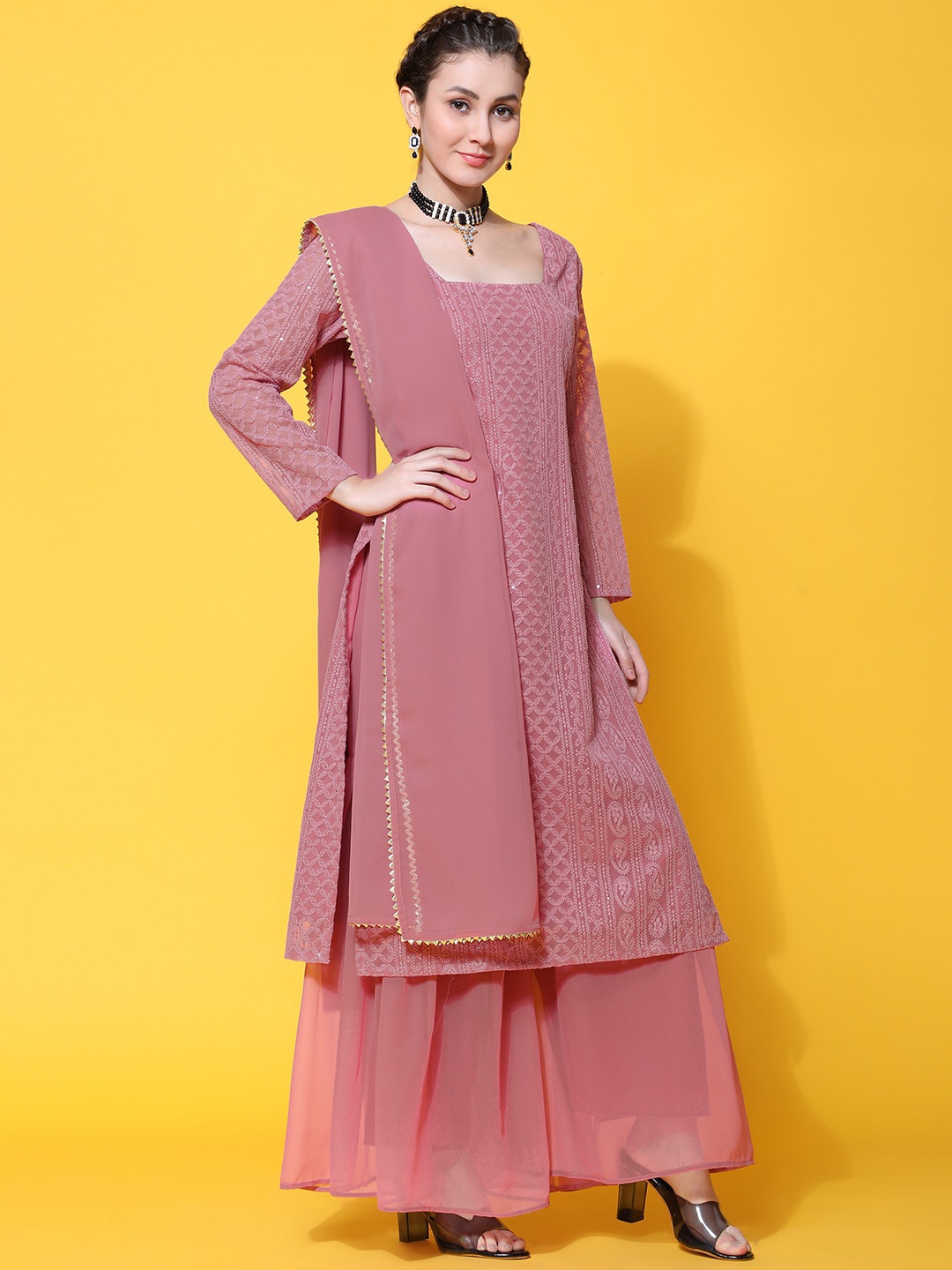 

BLACK SCISSOR Ethnic Motifs Embroidered Thread Work Kurta With Sharara & Dupatta, Pink