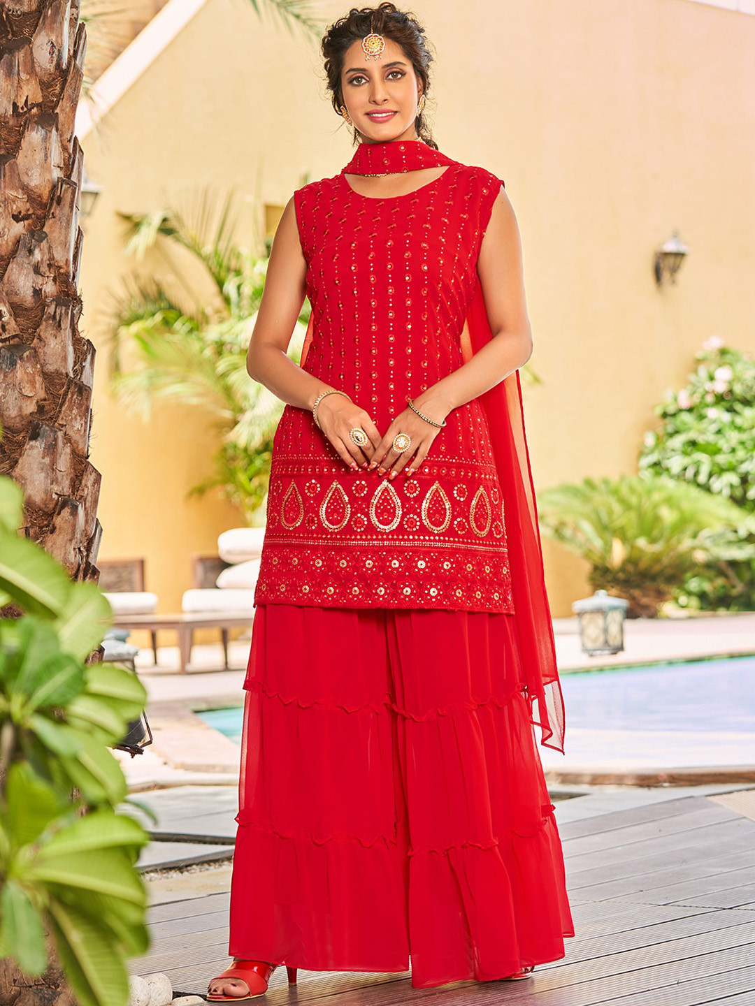 

BLACK SCISSOR Ethnic Motifs Embroidered Georgette Sequined Kurti With Sharara & Dupatta, Red