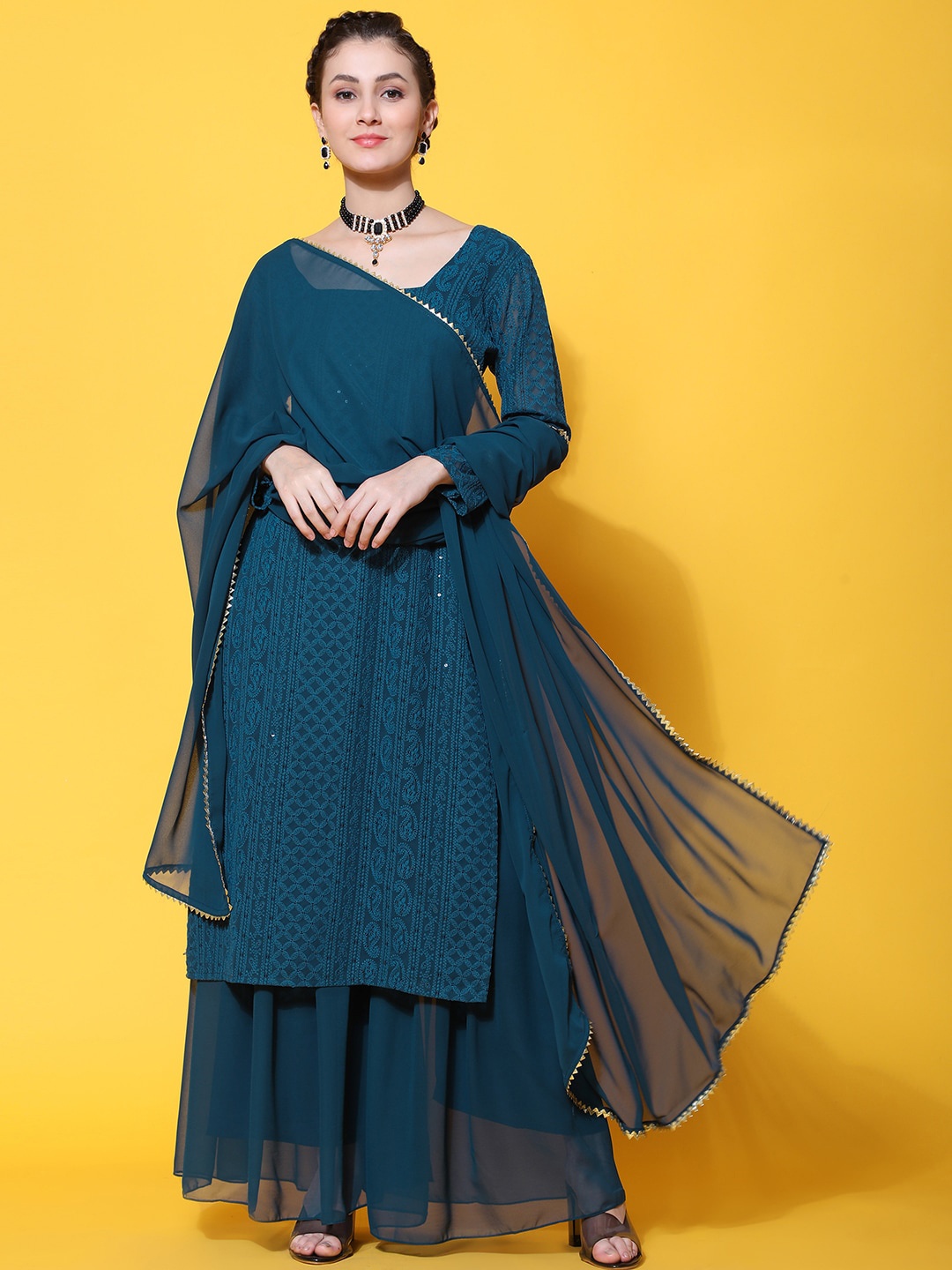 

BLACK SCISSOR Paisley Embroidered Straight Thread Work Kurta with Sharara & With Dupatta, Teal