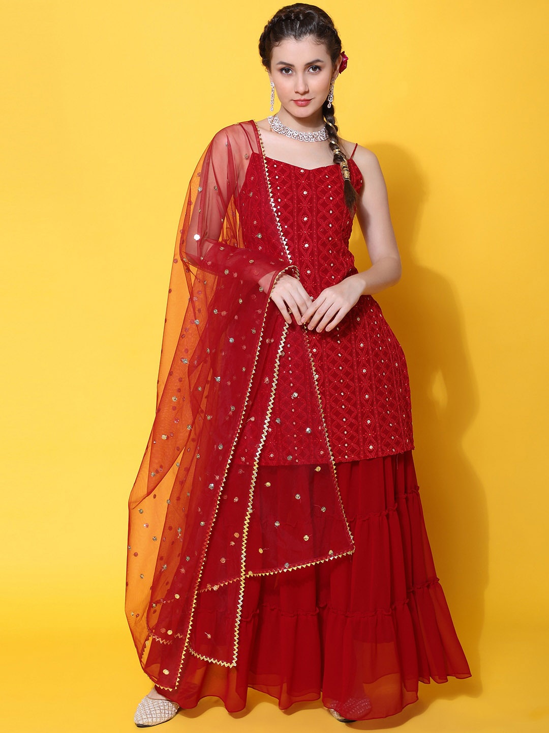 

BLACK SCISSOR Ethnic Motifs Embroidered Regular Straight Kurta & Sharara With Dupatta, Red