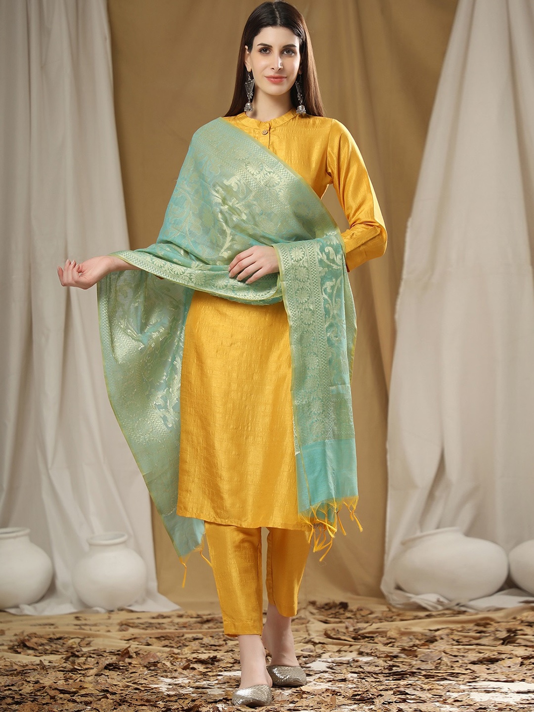 

BLACK SCISSOR Mandarin Collar Straight Kurta With Trousers & Woven Design Dupatta, Mustard
