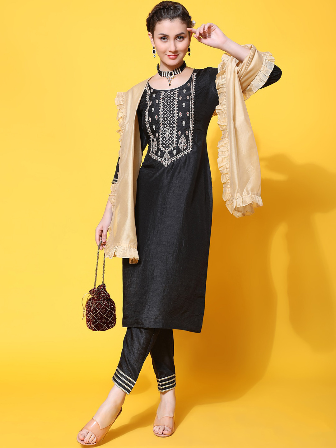 

BLACK SCISSOR Ethnic Motifs Yoke Design Thread Work Kurta With Trousers & Dupatta