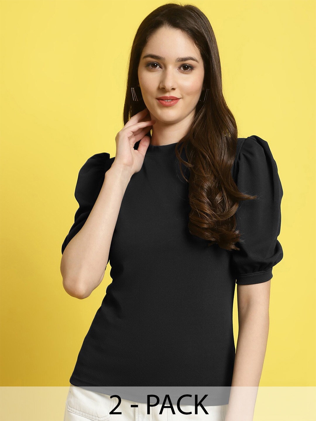 

Fabflee Pack Of 2 Puff Sleeve Sweetheart Neck Peplum Top, Black