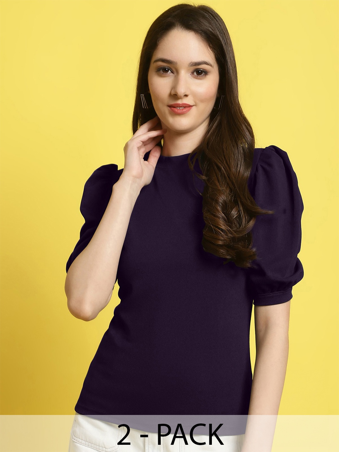 

Fabflee Pack Of 2 Puff Sleeve Casual Tops, Purple