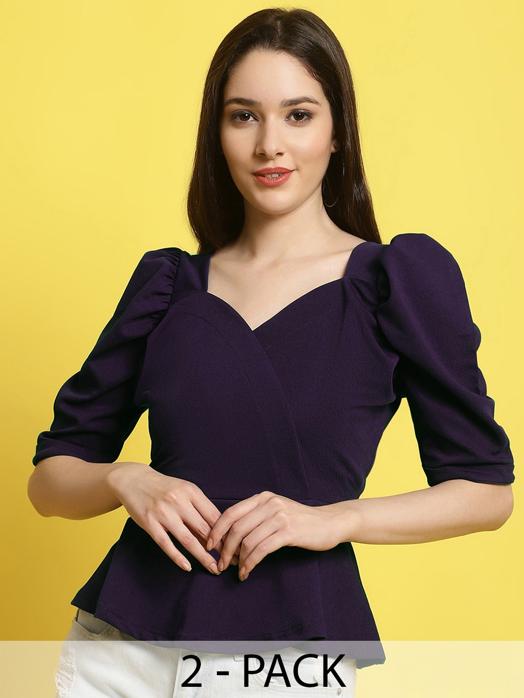 

Fabflee Pack of 2 Sweetheart Neck Puff Sleeved Peplum Tops, Purple