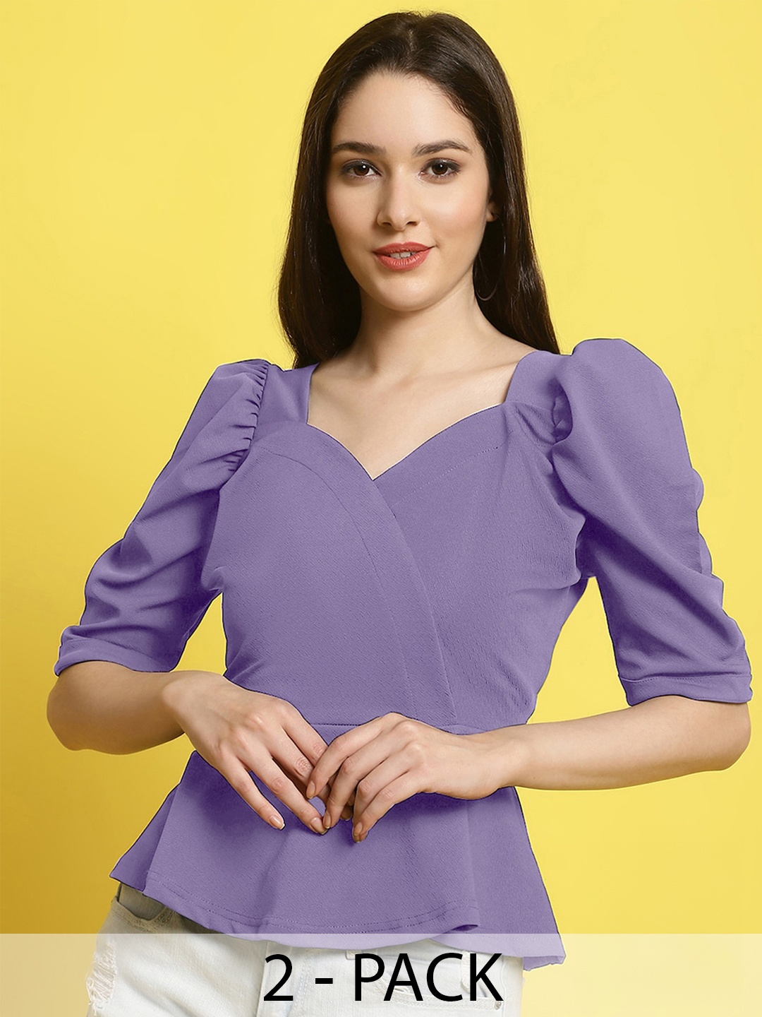 

Fabflee Pack Of 2 Puff Sleeve Sweetheart Neck Peplum Top, Lavender