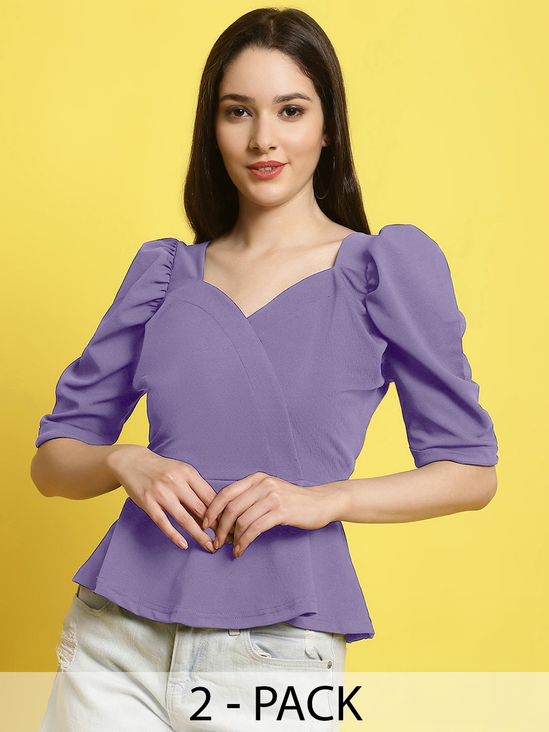 

Fabflee Pack of 2 Sweetheart Neck Puff Sleeved Tops, Purple