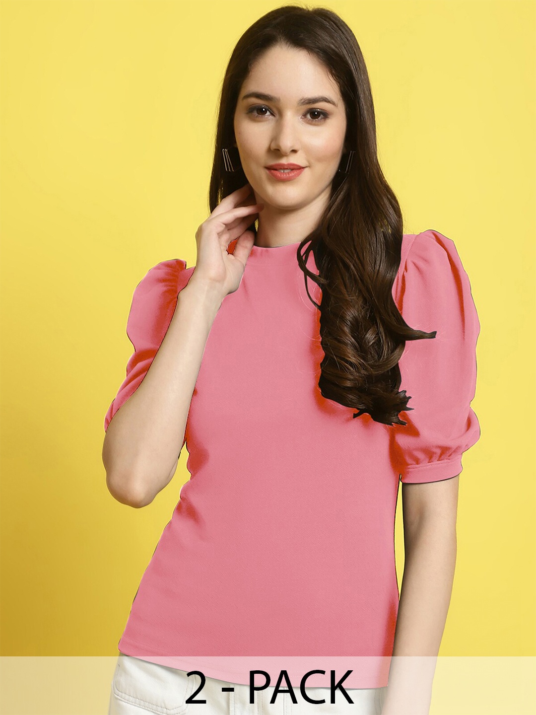 

Fabflee Pack of 2 Sweetheart Neck Puff Sleeve Top, Pink