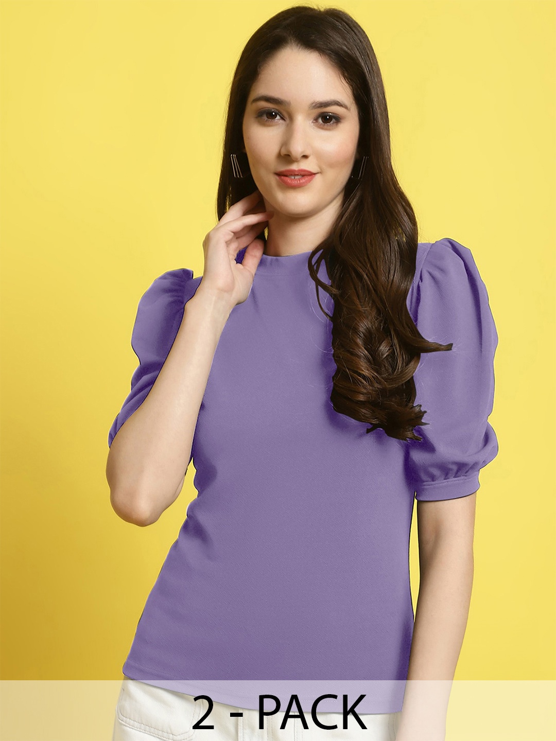 

Fabflee High Neck Puff Sleeve Top, Purple