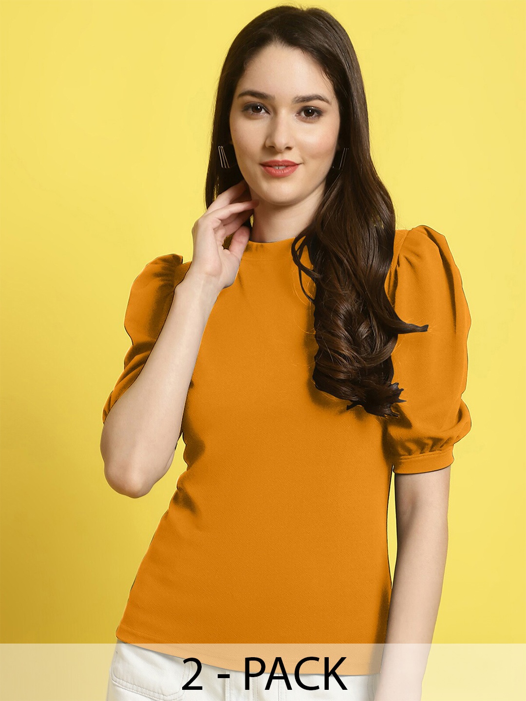 

Fabflee Pack Of 2 Puff Sleeve Tops, Mustard