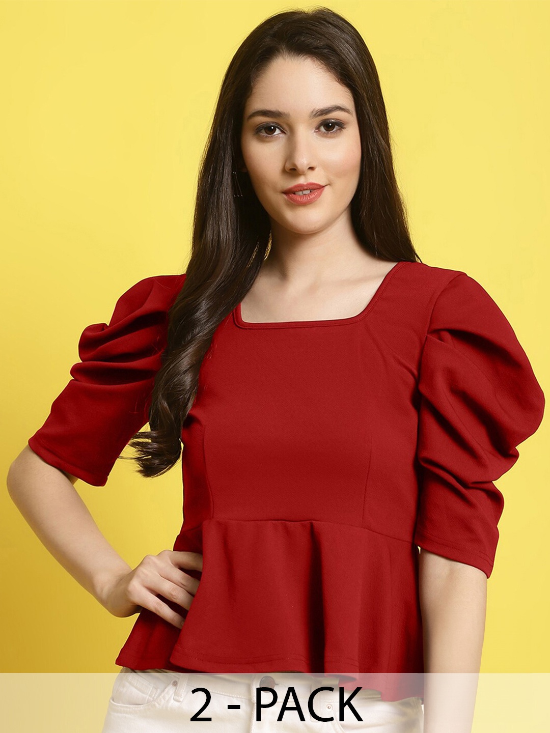 

Fabflee Pack Of 2 Puff Sleeve Peplum Tops, Maroon