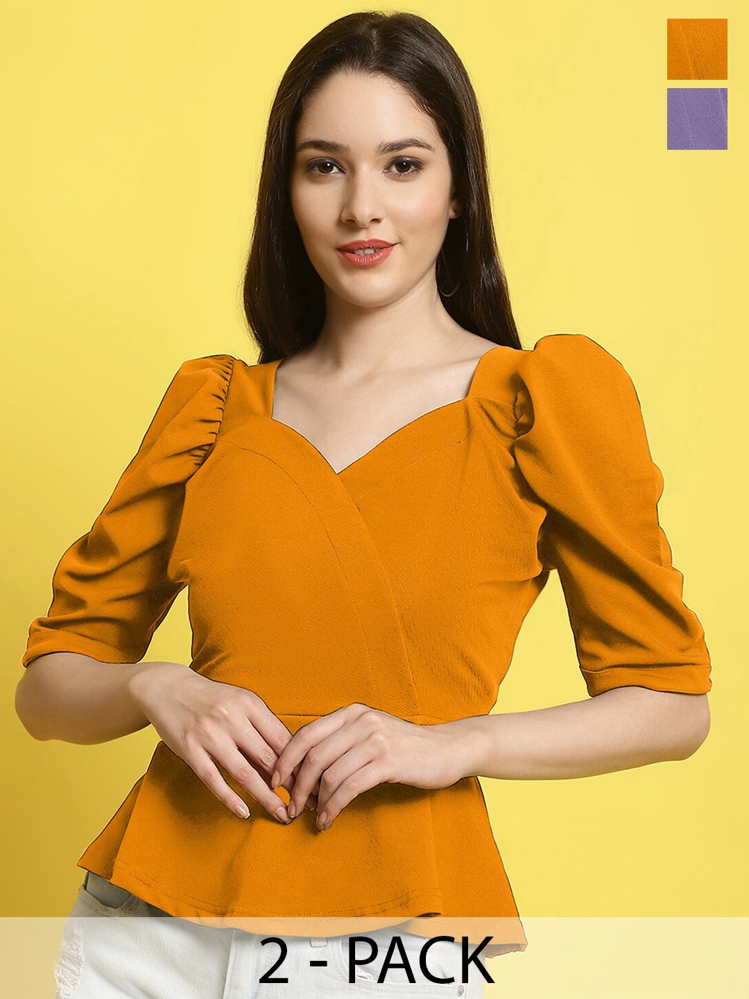 

Fabflee Pack Of 2 Puff Sleeve Sweet Heart Neck Casual Tops, Mustard