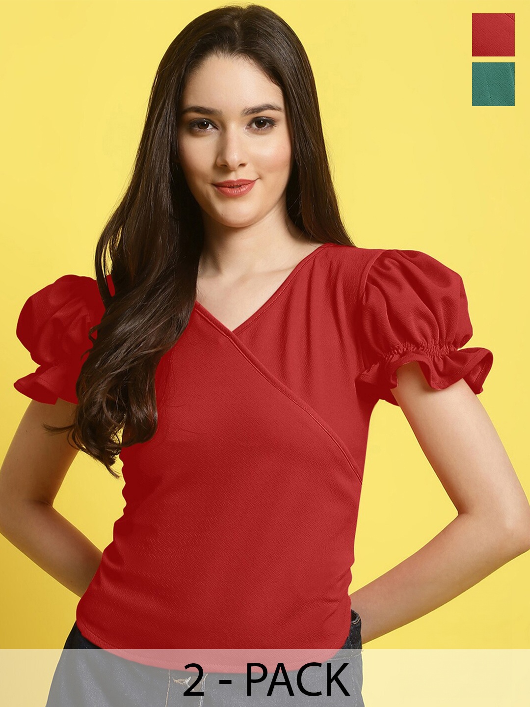 

Fabflee Pack of 2 Puff Sleeved Tops, Red