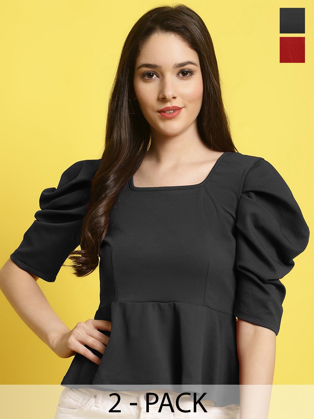 

Fabflee Pack Of 2 Puff Sleeves Peplum Top, Black