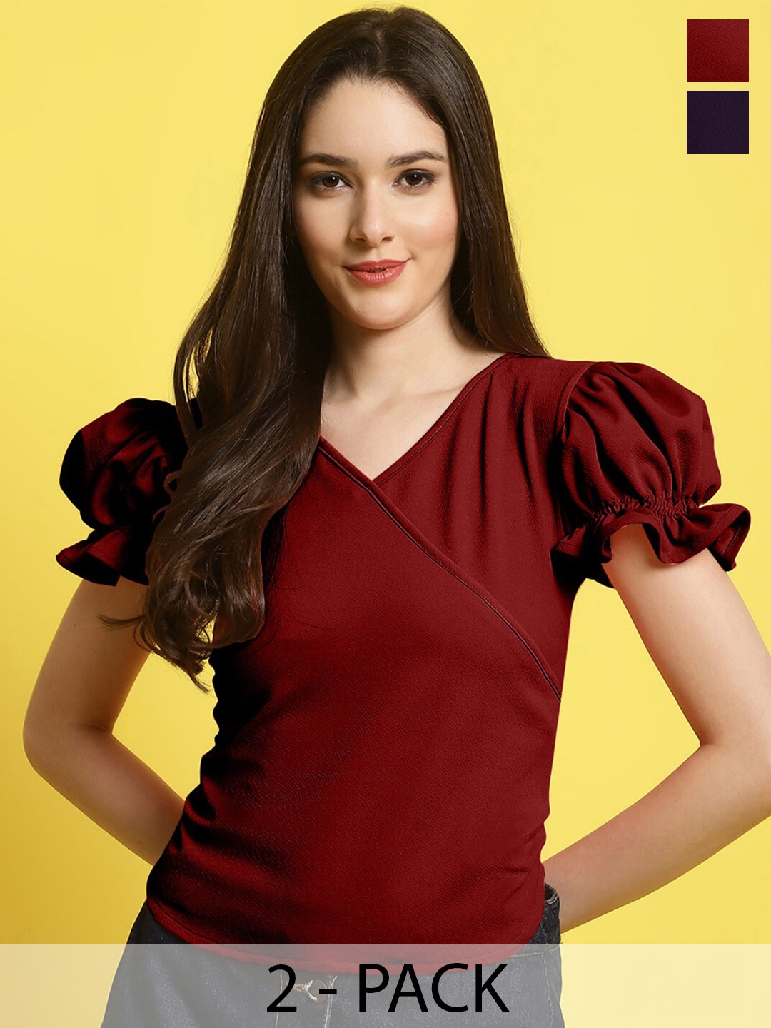 

Fabflee V Neck Puff Sleeve Top, Maroon