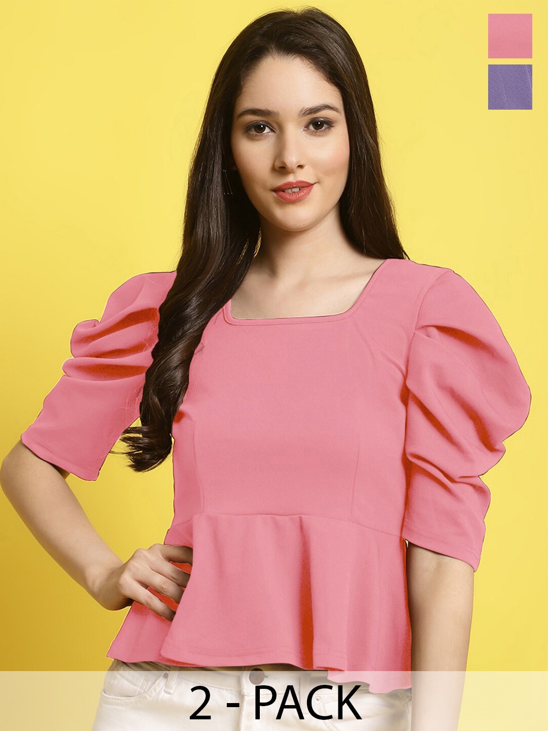 

Fabflee Pack Of 2 Puff Sleeves Tops, Pink