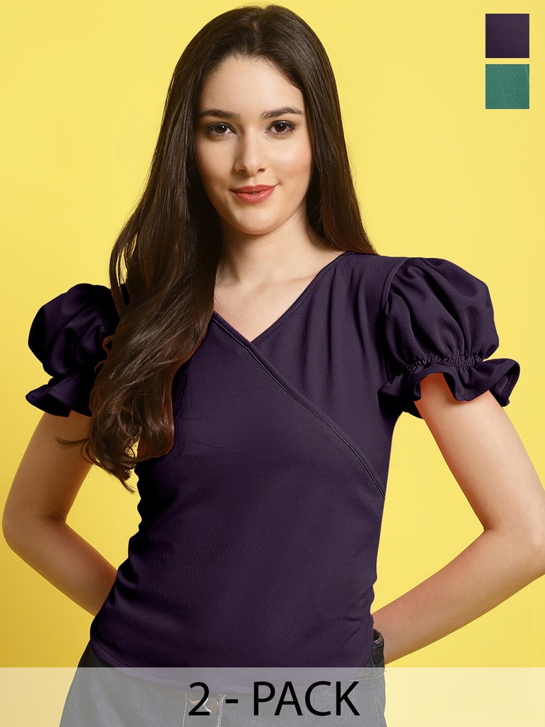 

Fabflee Pack Of 2 Puff Sleeves Top, Purple