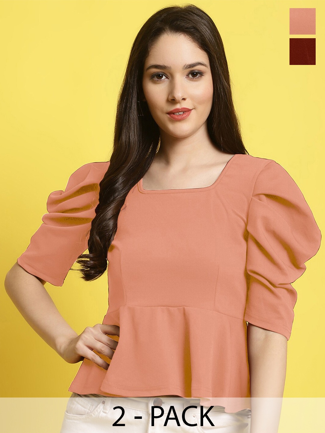 

Fabflee Pack of 2 Puff Sleeved Peplum Tops, Peach