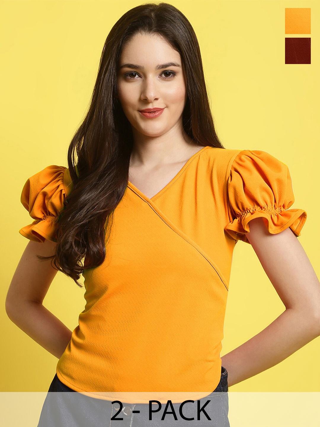 

Fabflee Pack Of 2 Puff Sleeve Tops, Yellow