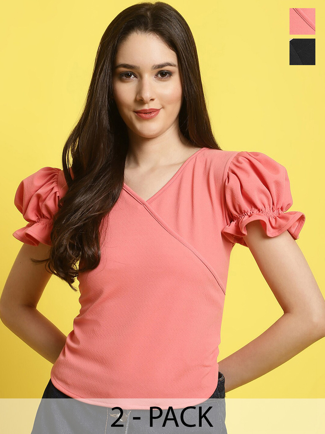 

Fabflee Pack Of 2 V-Neck Puff Sleeves Tops, Peach