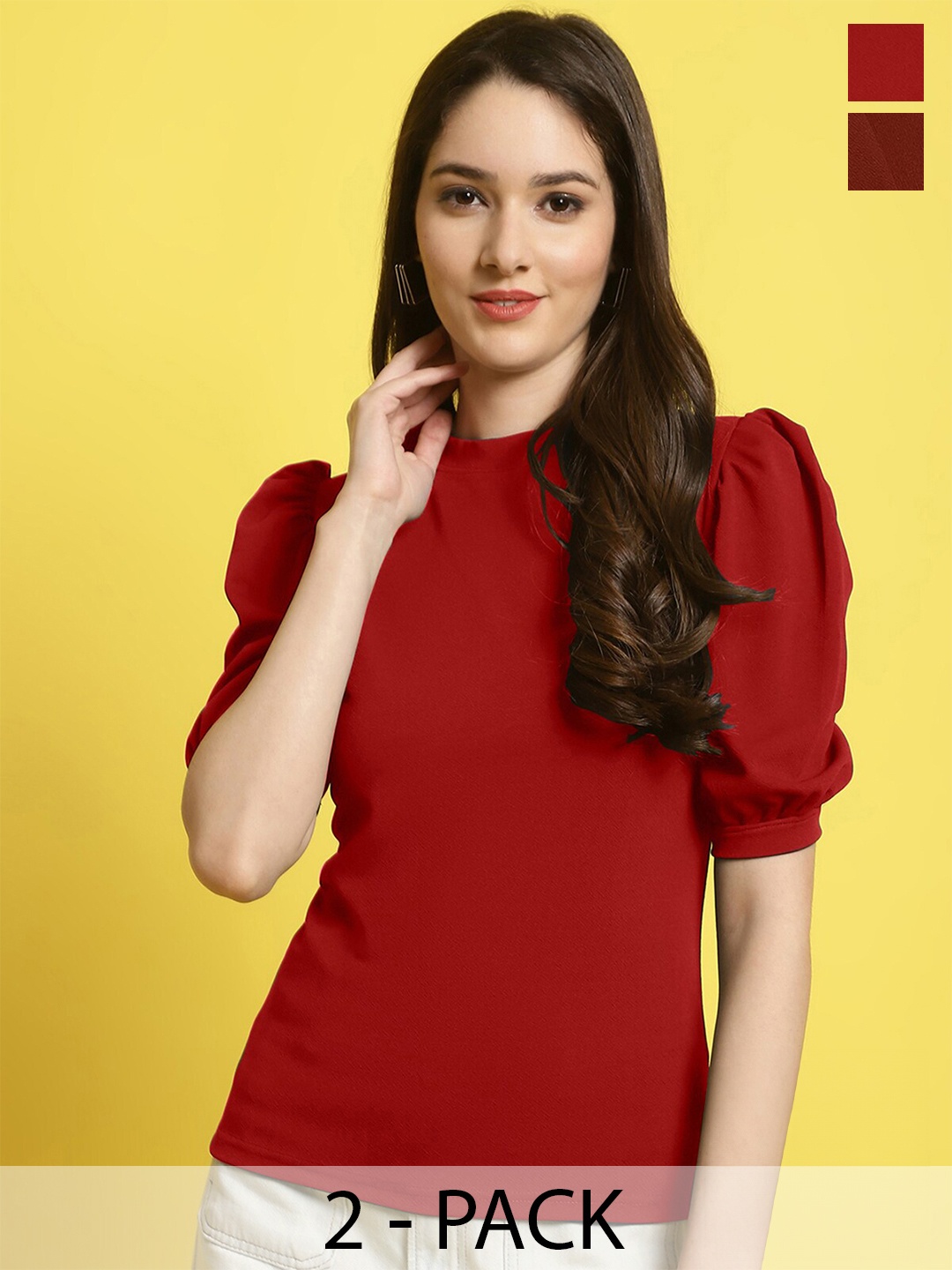 

Fabflee Pack Of 2 Puff Sleeves Peplum Top, Multi