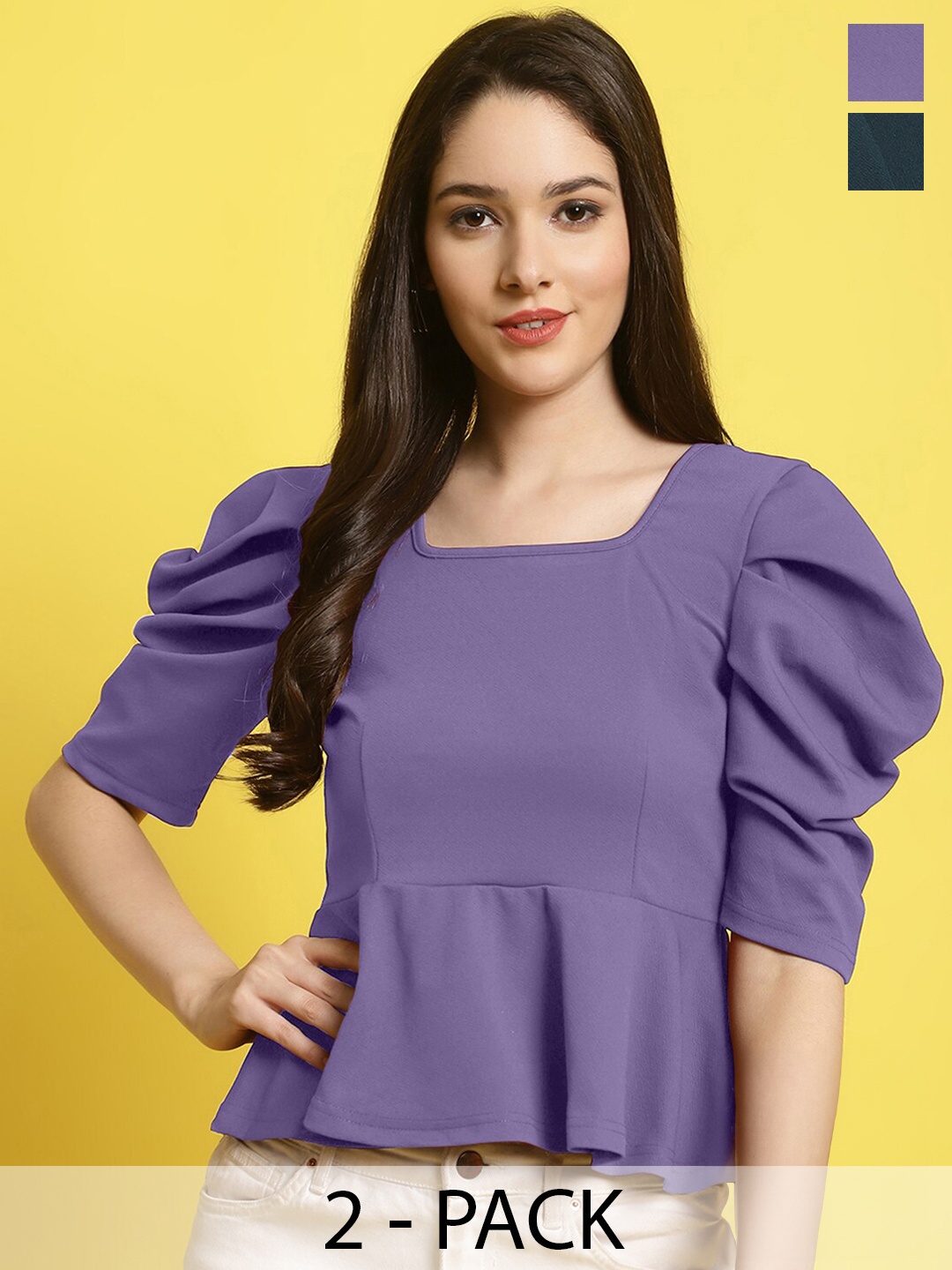 

Fabflee Pack Of 2 Puff Sleeves Tops, Purple