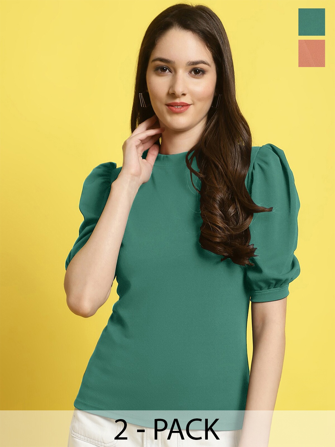 

Fabflee Pack Of 2 Puff Sleeve Top, Green