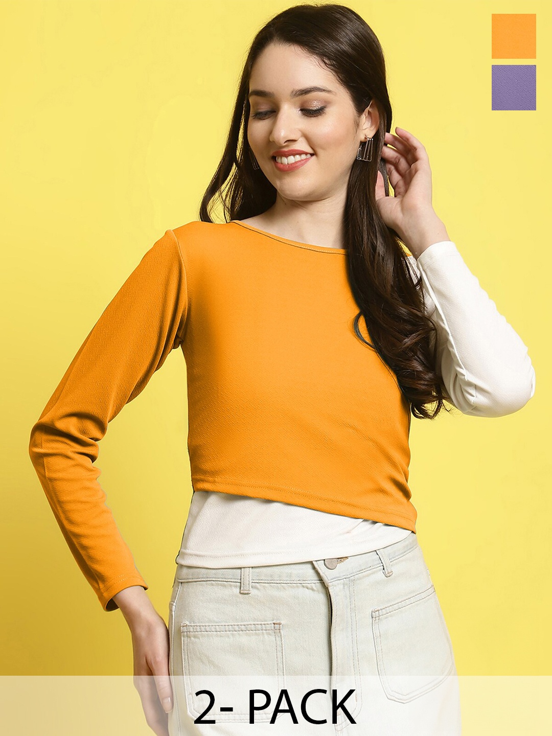 

Fabflee Pack Of 2 Puff Sleeves Tops, Mustard