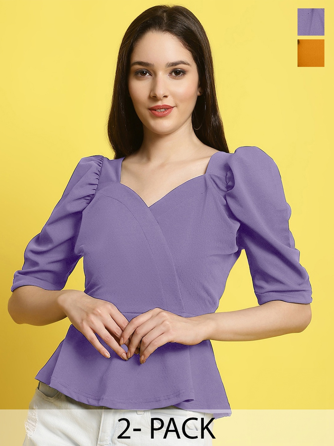 

Fabflee Pack Of 2 Sweetheart Neck Puff Sleeves Peplum Top, Purple