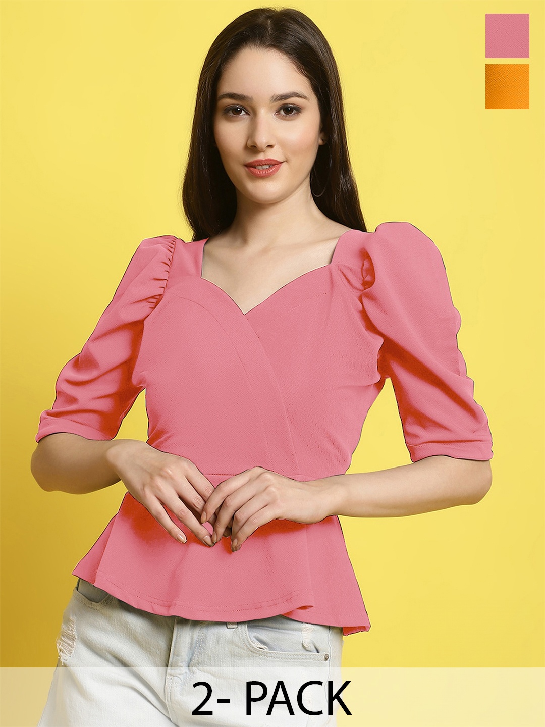 

Fabflee Pack Of 2 Puff Sleeves Top, Pink